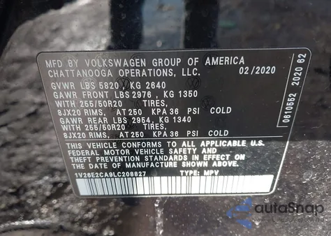 2020 Volkswagen Atlas Cross Sport 3.6L V6 Se W/Technology/3.6L V6 Se W/Technology R-Line z USA, uszkodzony, nr VIN 1V26E2CA9LC208827